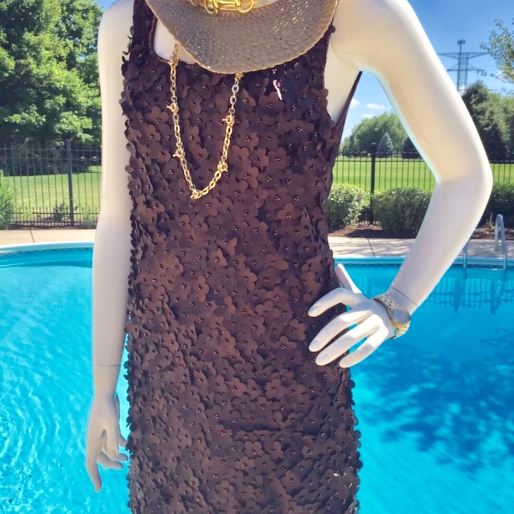 NWT 3D flower petal beaded rich brown floral boutique dress summer beach vaca M
